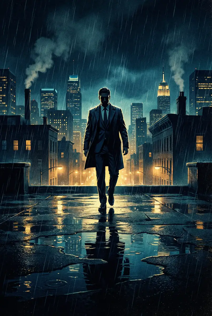 河狸白毛历险记 出品影片《雨夜独行者》海报，雨中城市屋顶男性剪影